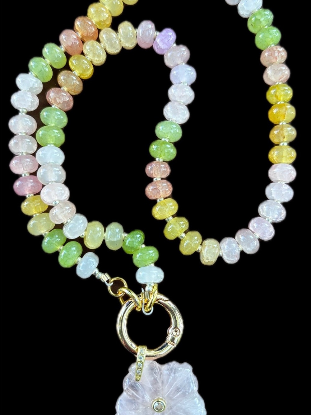 Pastel Rainbow Rondel Bead Necklace Rose Quartz Flower Pendant Gold 18 inches